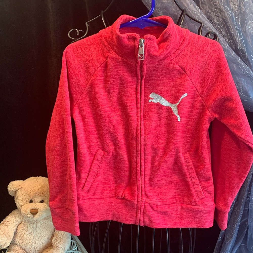 Puma Full Zip Front Jacket Brushed Fleece Silver Metallic Logo Athleisure Sporty